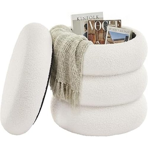 SONGMICS Vanity Stool, Round Ottoman with Storage, Upholstered Foot Stool, Removable Lid, for Living Room, Bedroom, Easy Assembly, 16.9 x 16.9 x 18.5 Inches, Teddy Fleece, White ULOM015WD01