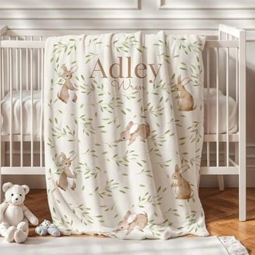 Personalized Bunny Baby Blanket, Woodland Babys Blankets Personalized with Name, Bunny and Leaf Print, Cozy Nursery Bedding, Blanket Baby Gift for New Parents