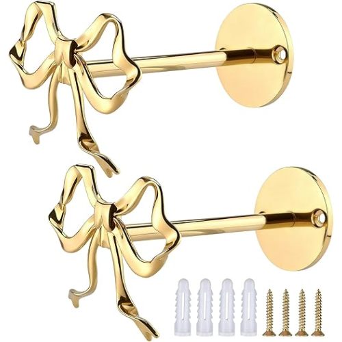 Bow Curtain Holdbacks, 2pcs Gold Metal Decorative Curtain Tiebacks Wall Mounted Bow Wall Hooks for Bedroom Living Room