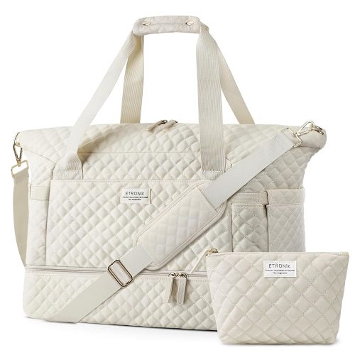 ETRONIK Travel Bag for Women, 48L Gym Duffel Bag with Shoes Compartment, Weekender Overnight Bag with Wet Pocket for Women Travel Gym Daily Use, Large Size (Beige)