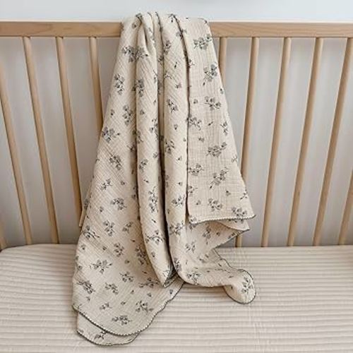 BuLuTu Large Muslin Toddler Blanket for Boys Girls Baby Bed Blankets Floral Print Swaddle Blankets Soft Breathable Toddler Crib Quilt, All Seasons,Hyacinth Pattern,47"x51"