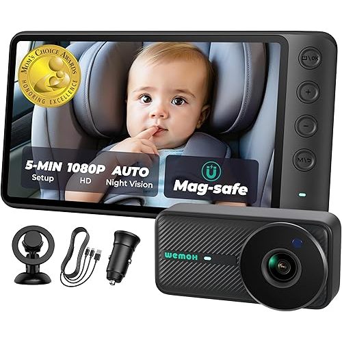WEMOH NO.1 Magnetic Baby Car Camera, 5'' 1080P IPS Magnetic Mount Monitor, Auto Night Vision, 360° Rotation Car Camera for Baby with Zoom & Mirror Mode, USB-Powered Baby Monitor for Rear Facing