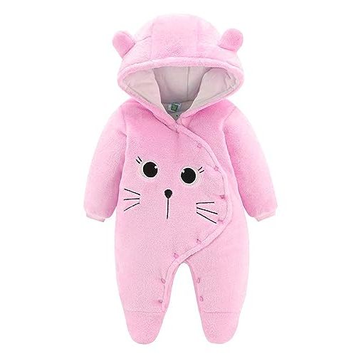 JiAmy Newborn Baby Winter Hooded Romper Fleece Snowsuit Jumpsuit Cartoon Cat Outfits 0-12 Months