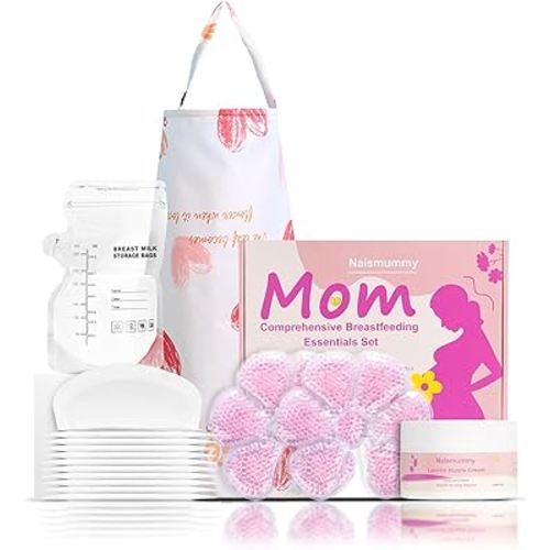 Breastfeeding Essentials Kit for Nursing Moms - Pads, Cover, Nipple Cream 50g, Breastmilk Storage Bag, Hot and Cold Breast Therapy Packs, 55 Piece Gift Set