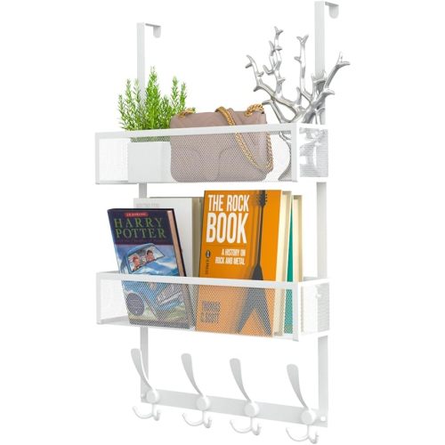 Over The Door Hooks Organizer,Coat Rack with 12 Hooks and 2 Mesh Baskets,Back of Door Storage Organizer for Bathroom,Bedroom,Kitchen,Office(White)