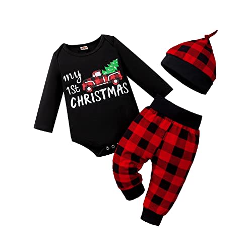 My First Christmas Baby Boy Outfit Newborn Clothes Infant Black Xmas Tree Car Red Plaid Pants Hat 3Pcs 0-18 Months