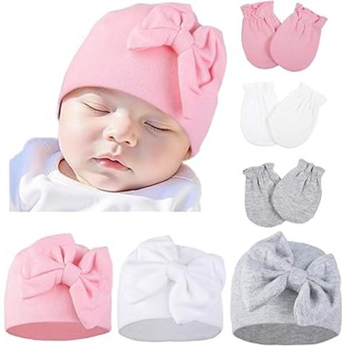 Juego de sombreros y mitones para bebé recién nacido, gorro con nudo de lazo, guantes de algodón para bebés y niñas de 0 a 6 meses