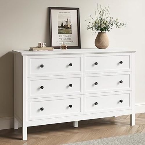 LYNSOM White Dresser for Bedroom, Modern 6 Drawer Double Dresser with Deep Drawer and Metal Handle, Wood Dressers & Chests of Drawers for Hallway, Entryway