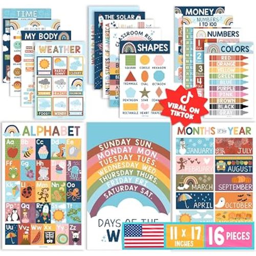 Hadley Designs 16 Educational Posters for Classroom Decor - Boho Educational Posters for Toddlers 1-3, Toddler Learning Posters for Kids Ages 3-5, Kindergarten & Preschool Classroom Must Haves