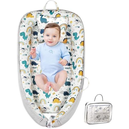 Baby Lounger for Newborn 0-24 Months with Removable Pillow | Breathable, Portable & Soft Infant Sleep Mat | CPSC Certified for Home, Travel & Playtime | Easy to Clean Baby Gift Essentials-Dinosaur