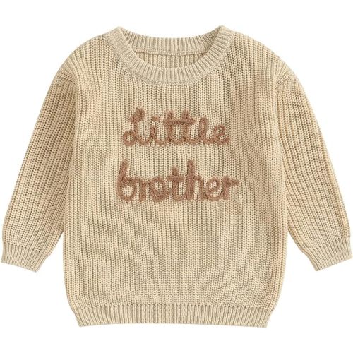 Big Brother Little Brother Matching Outfits Letter Embroidery Knit Sweater Shirt Baby Boy Winter Warm Clothes (Khaki Little Bro, 3-6 Months)
