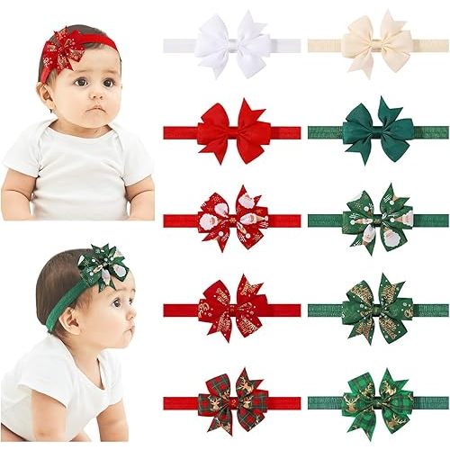 jollybows 10pcs Christmas Baby Bows Headbands Soft Stretchy Grosgrain Ribbon Hairbands with Bows Christmas Headbands Hair Accessories for Newborn Baby Girls Infant Toddlers Kids