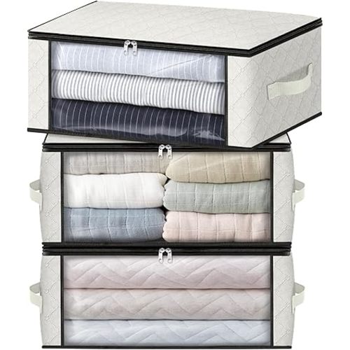 HomeHacks Storage 3-Pack Clothes Organizer Storage Bags Foldable Storage Box with Large Clear Window Sturdy Handles for Closet, Dorm, Pillows, Bedding, Clothes, Blankets, 35L, Ivory