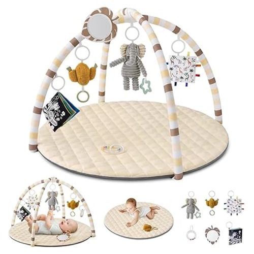 Blissful Diary Baby Play Gym Mat, Tummy Time Activity Mat with 6 Detachable Toys for Stage-Based Sensory & Motor Skill Development, Easy to Install & Clean, Baby Essentials Gift, Sandy Beige