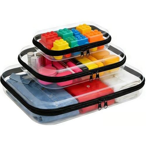 3PCS Clear Hard Shell Zipper Case,Zipper Pouches Hard Shell,Clear Toiletry Bag,Travel Makeup Bag Organizer,Toy Storage Containers,Hard Shell Plastic Case,Portable Transparent Diaper Organizers(Black)