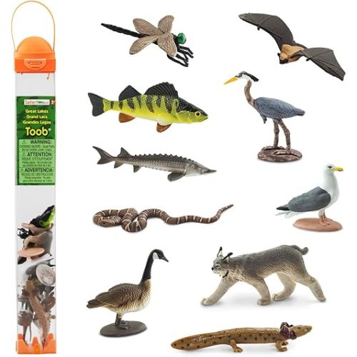 Safari Ltd. Great Lakes TOOB - Figurines of Mudpuppy, Dragonfly, Water Snake, Bat, Goose, Herring Gull, Blue Heron, Lynx, Sturgeon, Yellow Perch - Educational Toys for Boys, Girls & Kids Ages 3+