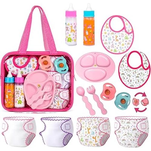 My Sweet Baby 13-Piece Doll Feeding & Diaper Bag Set – Disappearing Milk Bottles, Bibs, Pacifiers, Diapers & Accessories Set – Pretend Play Baby Doll Care Kit for Girls – Fits 12–18″ Dolls