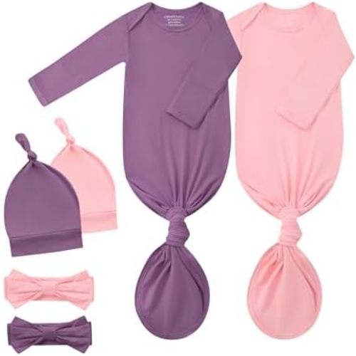 Newborn Knotted Gown 2Pack, Soft Breathable Baby Sleep Gown for Boys Girls, Infant Baby Coming Home Hospital Outfit
