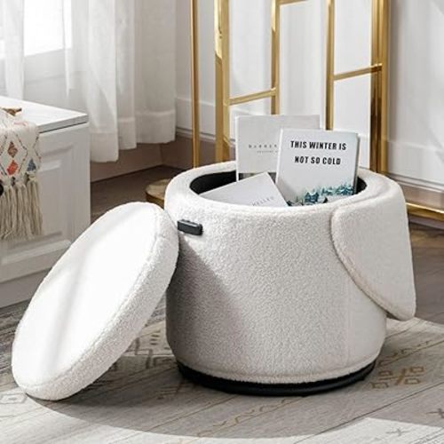 Modern Boucle Ottoman with Storage, Upholstered Round Foot Stool Swivel Vanity Chair with Foldable Back, Comfy Makeup Stool for Bedroom, Living Room, Small Spaces, White