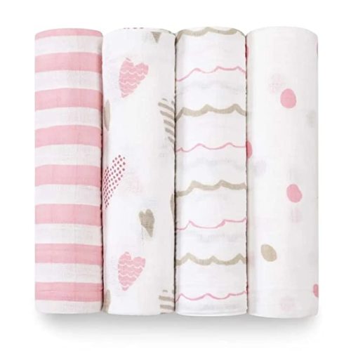 aden + anais Boutique Muslin Swaddle Blanket for Baby Girls and Boys, Newborn Receiving Blanket for Swaddling, 100% Muslin Cotton Swaddle Wrap, 4 Pack, Heart Breaker