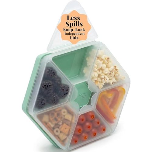 melii Hexagonal Snackle Box - 6 Separate Compartments with Hinged Lids, Easy to Hold Divided Snack Container, Food Storage for Kids and Adults, Arts & Crafts, Beads, BPA-Free (Mint)