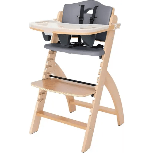 Abiie Beyond Junior Wooden High Chair with Tray - Adjustable and Convertible High Chair for Babies and Toddlers - 6 Months to 250 Lb - Water Resistant - Natural Wood with Dark Grey Cushion