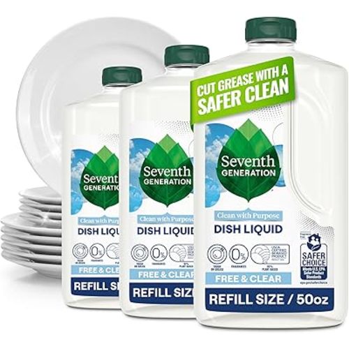 Seventh Generation Dish Soap Refill, Free & Clear, 50 fl oz, 3 Pack, Plant-Based Dishwashing Liquid for Grease & Tough Food Messes, For Sensitive Skin