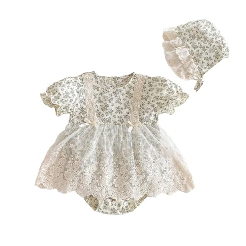 Baby Girl Floral Romper, Long Sleeve Lace Dress Bodysuit with Bonnet, Princess Style Outfit for Newborn and Infant