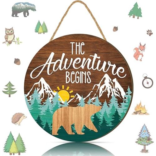 The Adventure Begins Wooden Hanging Sign, 12 x 12'' Woodland Nursery Decor, Green Trees Brown Background Inspirational Quotes Wooden Plank Sign for Home Cabin, Forest Camping Sign