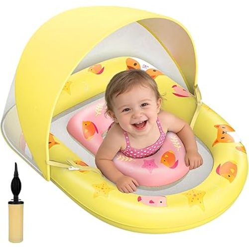 Baby Pool Float with UPF 50+ Canopy, Anti-Flip Inflatable Swim Ring Yellow