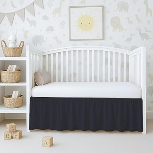 Dust Ruffle Crib Skirt, 100% Egyptian Cotton 800 Thread Count, Crib Size (28" x 52"+16") Inch Drop Toddler Bed Skirt for Baby Boys or Girls - Black Solid