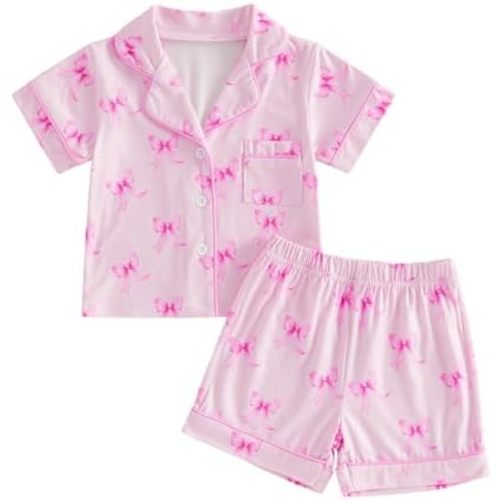 Kuriozud Toddler Baby Girl Pajamas Set Summer Floral Short Sleeve Button Down Shirt Top and Shorts 2pcs Pjs Sets Sleepwear