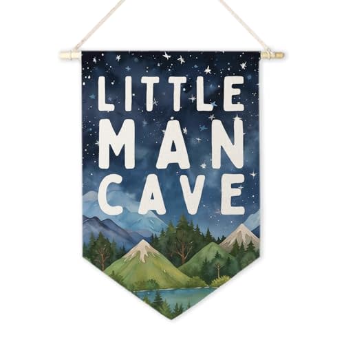 ArtisaEura Little Man Cave Wall Canvas Banners, Mountain Nursery Decor, Woodland Mountain Landscape Hanging Display Pennant Banner Flags, Nursery Wall Decor for Kids Boys Room Bedroom Playroom