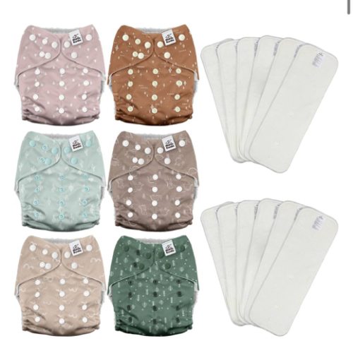 Mama Koala 3.0 Pocket Cloth Diapers for Babies with AWJ Lining, 6 Pack with 6 4-Layer Natural Cloth Diaper Inserts - Reusable and Washable Pocket Diapers(Neutral Leave)