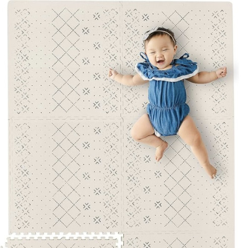 Yay Mats Stylish Extra Large Baby Play Mat. Soft, Thick, Non-Toxic Foam Covers 6 ft x 4 ft. Expandable Tiles with Edges Infants and Kids Playmat Tummy Time Mat (Carter Mudcloth Tan)