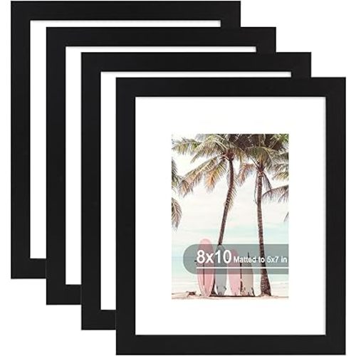 8x10 Picture Frame (4 Pack, Black) Made of Real Glass and Wooden Frame - Display Pictures 5x7 with Mat or 8x10 Without Mat, 8 by 10 Photo Frames TableTop Display and Wall Mounting