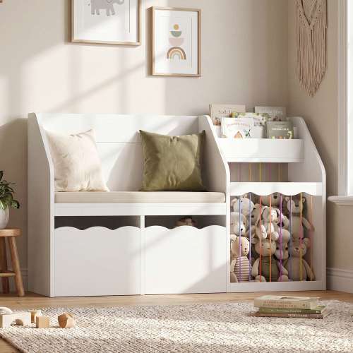 HAUOMS 50 Inch Bookshelf with Reading Nook and Toy Storage Organizer 4-in-1 Kids Bookcase with Padded Bench and 2 Removable Bins for Living Room