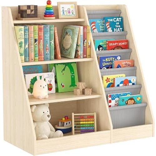 HedoAjim 4 Tier Kids Wooden Bookshelf, Five Layer Sling Children Bookcase