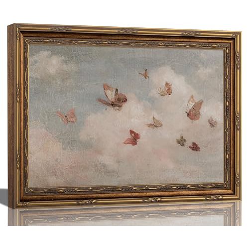 Kouserlin Pink Butterfly Framed Wall Art Butterflie Cloud Wall Decor 9×11In | Kouserlin Vintage Gold Framed Canvas Wall Art Insect Butterflies Print Cottagecore picture For Living Room Bedroom Nursery