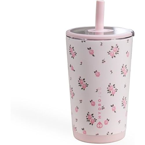 HydroJug Everyday Tumbler 14 oz – Ceramic-Lined Insulated Tumbler with Straw and Soft-Touch Lid, Cup Holder Friendly, Double-Wall Vacuum Insulation, Reusable Travel Cup – Wildrose