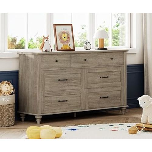 WAMPAT Kids Dresser with 7 Drawers for Bedroom, Wide Baby Dresser for Nursery & Kids Room, Farmhouse Wooden Dressers Closet Organizer for Children’s Bedroom, 54 Inch, Grey