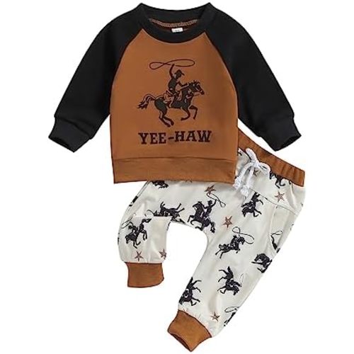 Western Baby Boy Girl Outfit Cow Print Long Sleeve Crewneck Sweatshirt Elastic Waist Pants Set Fall Winter Clothes