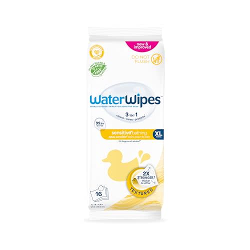 WaterWipes Sensitive+ Bathing Wipes, 3-In-1 Cleans, Cares, Protects, 99.9% Water, Unscented & Hypoallergenic, 16 Count (1 Pack)