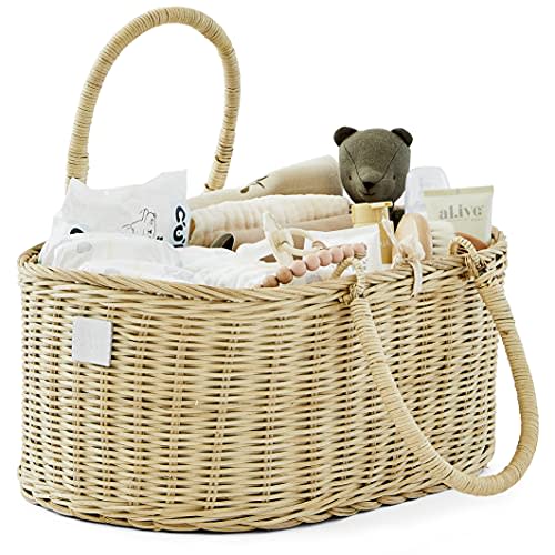 BEBE BASK Baby Diaper Caddy Organizer in Organic Rattan w Removable Divider - Luxury Diaper Caddy Basket Makes The Perfect Cute Diaper Caddy for Baby Girl & Diaper Caddy for Baby Boy