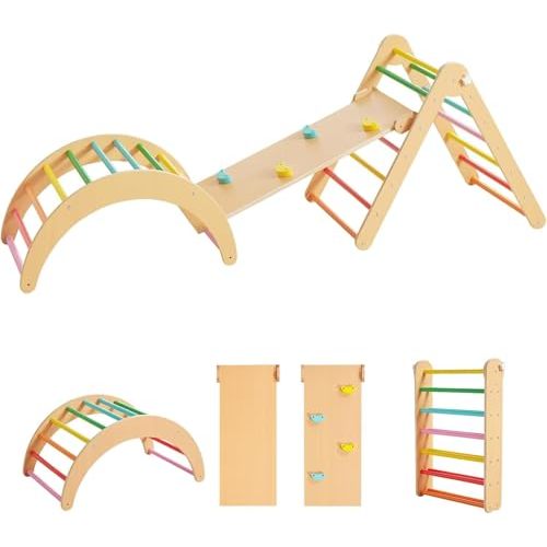 Asweets 4 in 1 Pikler Triangle Gym, Montessori Foldable Climber with Ramp, Indoor Climbing Toys for Kids, Climbing Triangle for Toddlers Arch Climber, Rocker, Learning Waldorf Children Toy, Rainbow