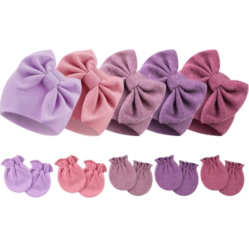 BQUBO Newborn Baby Girls Hats Mittens Set Hospital Hat Beanie Infant Bow Hats Baby Cotton Gloves for 0-6 Months
