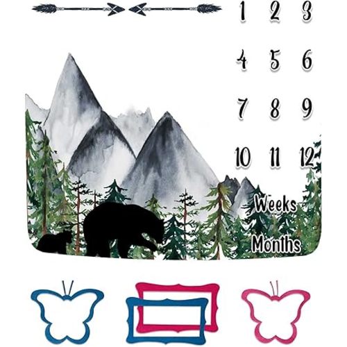 Black Bear Baby Monthly Milestone Blanket Unisex, Mountains Forest Arrow Month and Age Blanket, 48x40in Soft Flannel, White Monthly Newborn Gift Baby Photo Blanket BTLSFH79