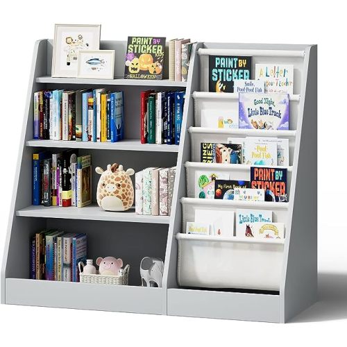 Gray 4 Tier Kids Wooden Bookshelf, Five Layer Sling Bookcase, Baby Storage Book Rack, Book and Toy Organizer Cabinet, Book Display, for Playroom, Bedroom, Toddler Room, Nursery,Classroom (Gray)
