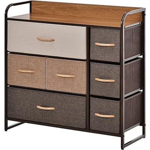 HOMCOM 7-Drawer Dresser, Fabric Chest of Drawers, 3-Tier Storage Organizer for Bedroom Entryway, Tower Unit with Steel Frame Wooden Top, Maple Wood