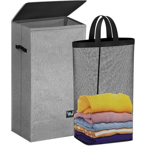 WTREE Laundry Hamper with Lid, Reinforced Sturdy Clothes Hamper with Anti-Puncture Base, Large Collapsible Laundry Basket with Removable Liner Bag, Tall Dirty Clothes Bin for Family, 100L Grey